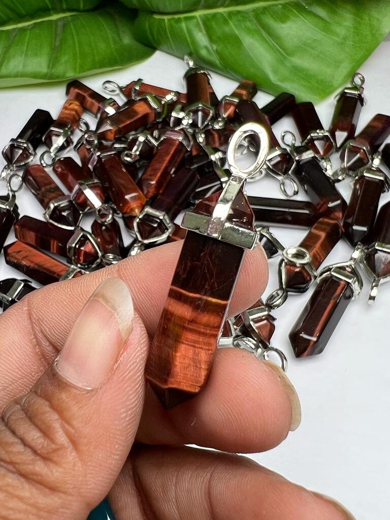 Red Tiger Eye Stone Healing Double Terminated Point Pendant With Silver Plated Bail Natural stone Pencil Point Pendant - Image 4