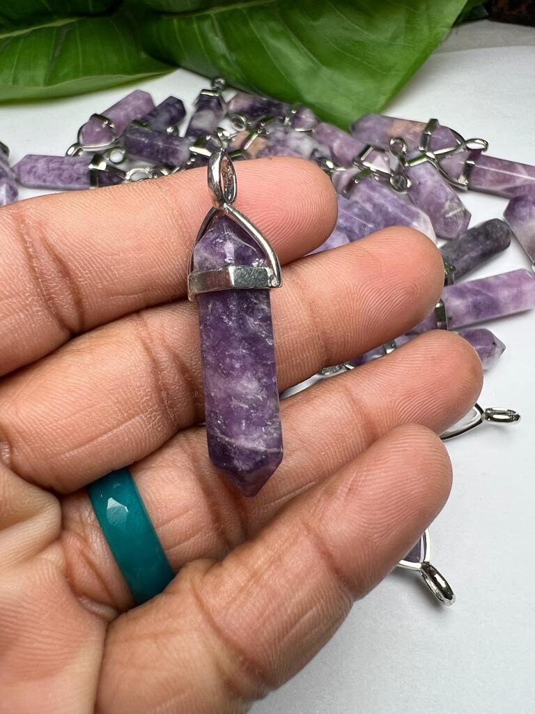 Lepidolite Stone Healing Double Terminated Point Pendant With Silver Plated Bail Natural stone Pencil Point Pendant - Image 6