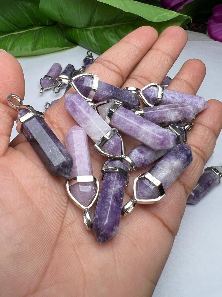 Lepidolite Stone Healing Double Terminated Point Pendant With Silver Plated Bail Natural stone Pencil Point Pendant - Image 7
