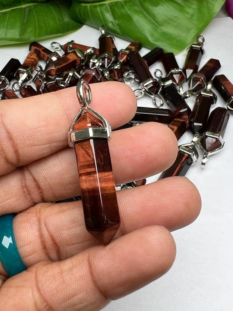 Red Tiger Eye Stone Healing Double Terminated Point Pendant With Silver Plated Bail Natural stone Pencil Point Pendant - Image 7
