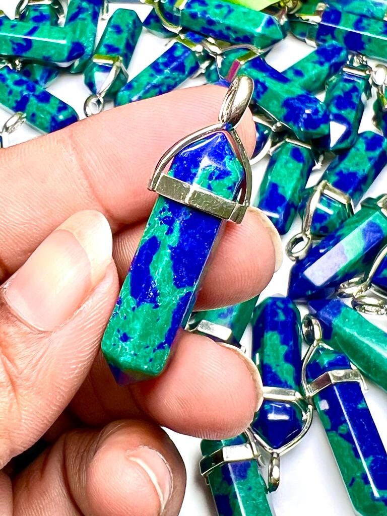 Azurite-malachite Stone Healing Double Terminated Point Pendant With Silver Plated Bail Natural stone Pencil Point Pendant - Image 3