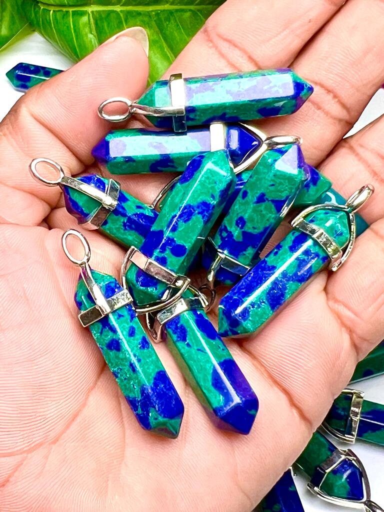 Azurite-malachite Stone Healing Double Terminated Point Pendant With Silver Plated Bail Natural stone Pencil Point Pendant - Image 4