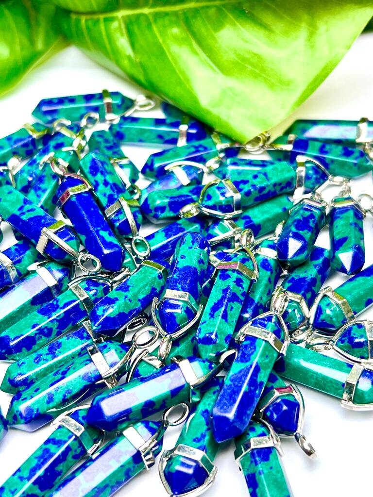Azurite-malachite Stone Healing Double Terminated Point Pendant With Silver Plated Bail Natural stone Pencil Point Pendant - Image 5