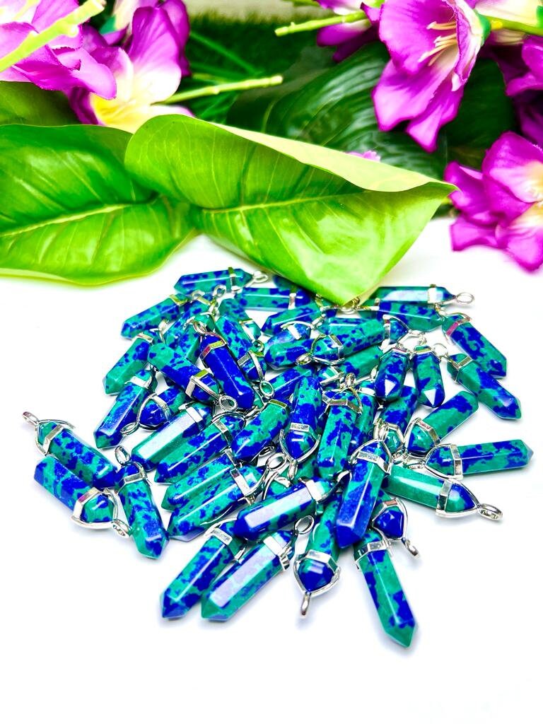 Azurite-malachite Stone Healing Double Terminated Point Pendant With Silver Plated Bail Natural stone Pencil Point Pendant - Image 6