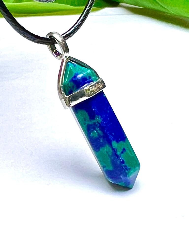 Azurite-malachite Stone Healing Double Terminated Point Pendant With Silver Plated Bail Natural stone Pencil Point Pendant - Image 7