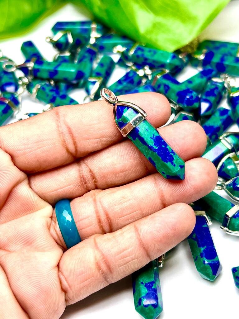 Azurite-malachite Stone Healing Double Terminated Point Pendant With Silver Plated Bail Natural stone Pencil Point Pendant - Image 8