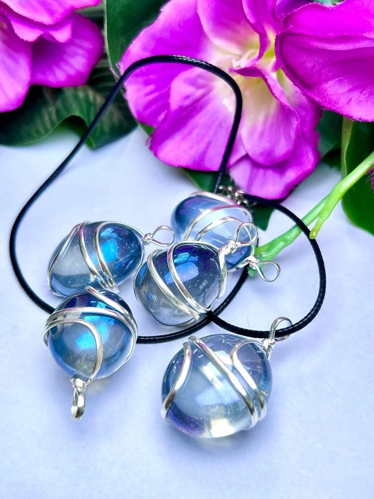 Wire Wrapped Labradorite Aura Quartz Tumbled Stone Pendant Crystal Pendant, Tumbled Stone Necklace - Image 2