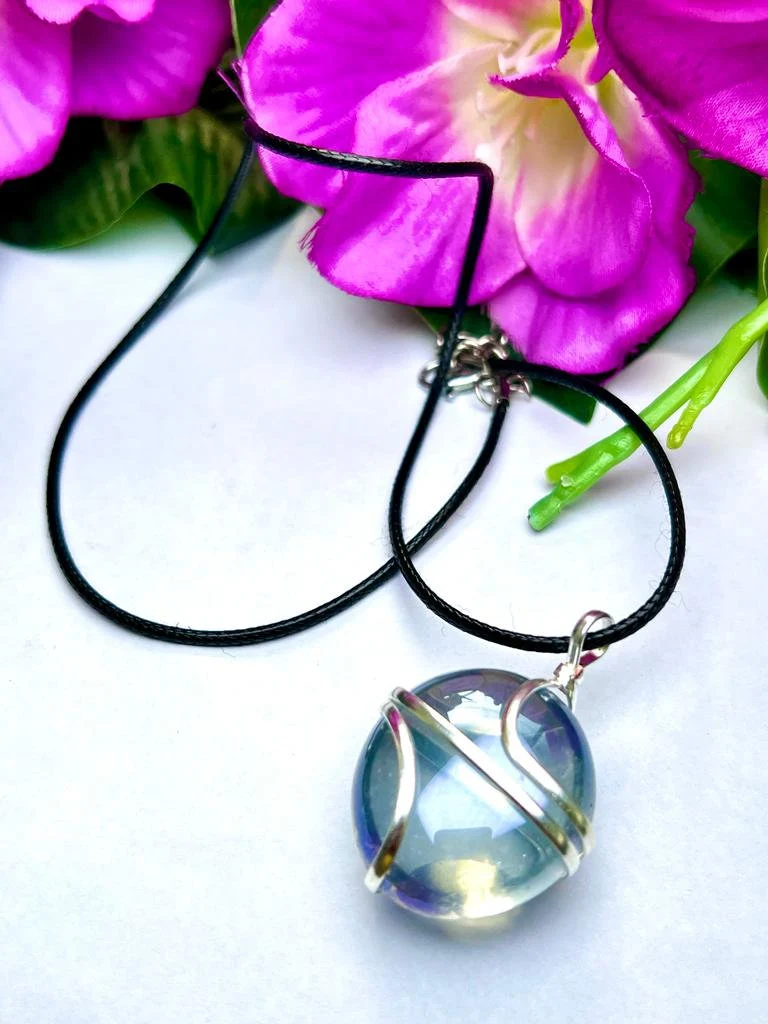 Wire Wrapped Labradorite Aura Quartz Tumbled Stone Pendant Crystal Pendant, Tumbled Stone Necklace - Image 3