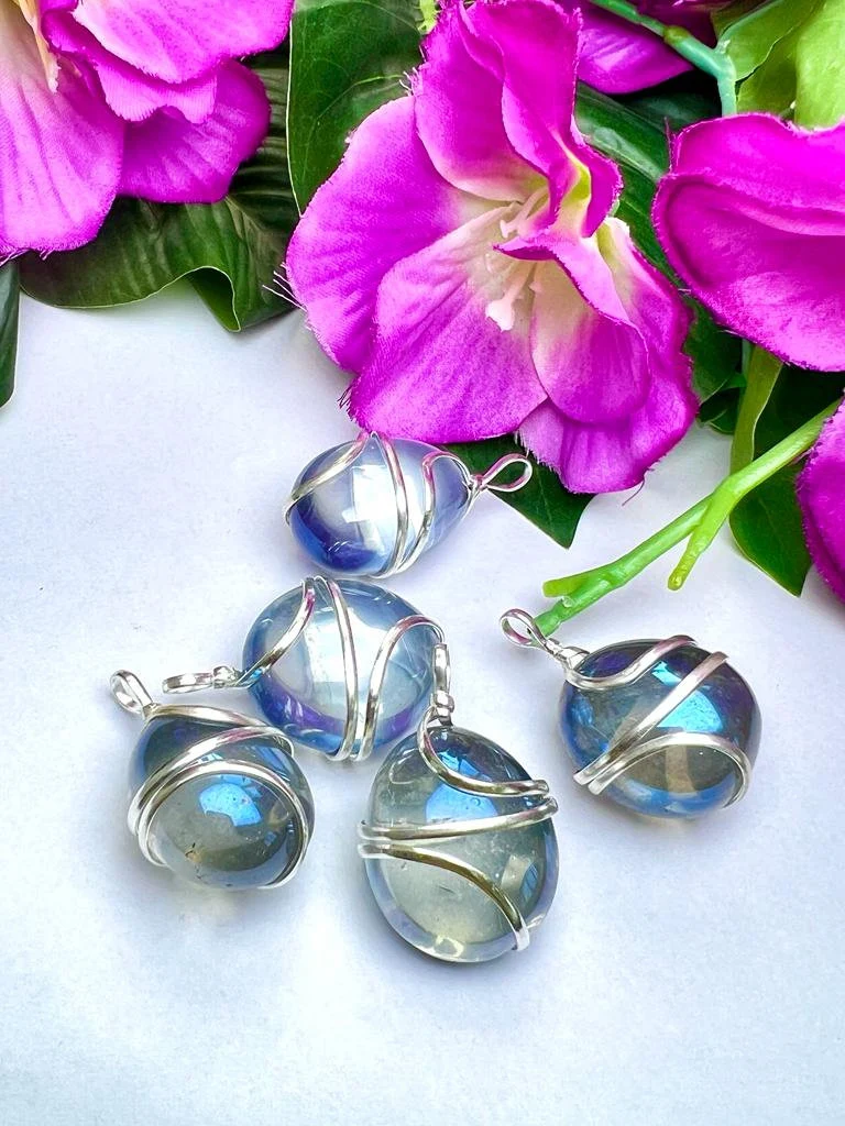 Wire Wrapped Labradorite Aura Quartz Tumbled Stone Pendant Crystal Pendant, Tumbled Stone Necklace - Image 4