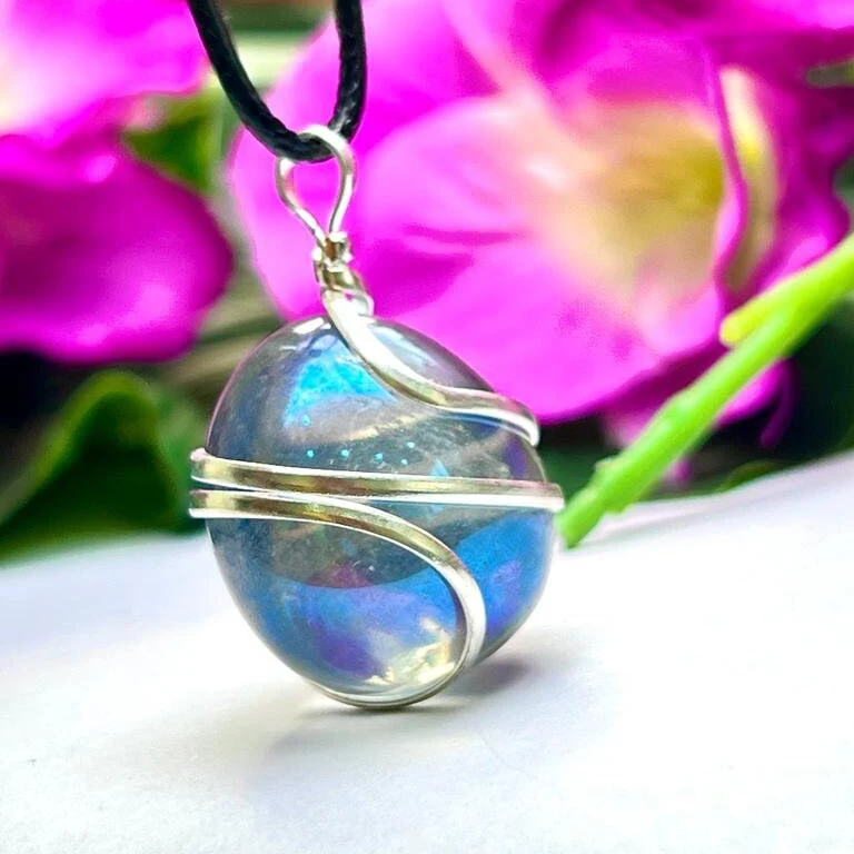 Wire Wrapped Labradorite Aura Quartz Tumbled Stone Pendant Crystal Pendant, Tumbled Stone Necklace - Image 5