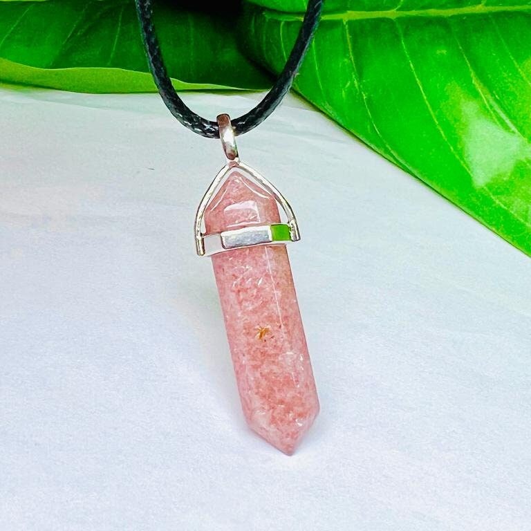 Pink Strawberry Quartz Stone Healing Double Terminated Point Pendant With Silver Plated Bail Natural stone Pencil Point Pendant