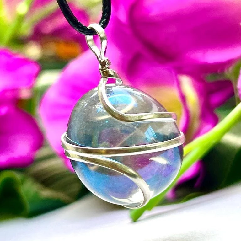 Wire Wrapped Labradorite Aura Quartz Tumbled Stone Pendant Crystal Pendant, Tumbled Stone Necklace