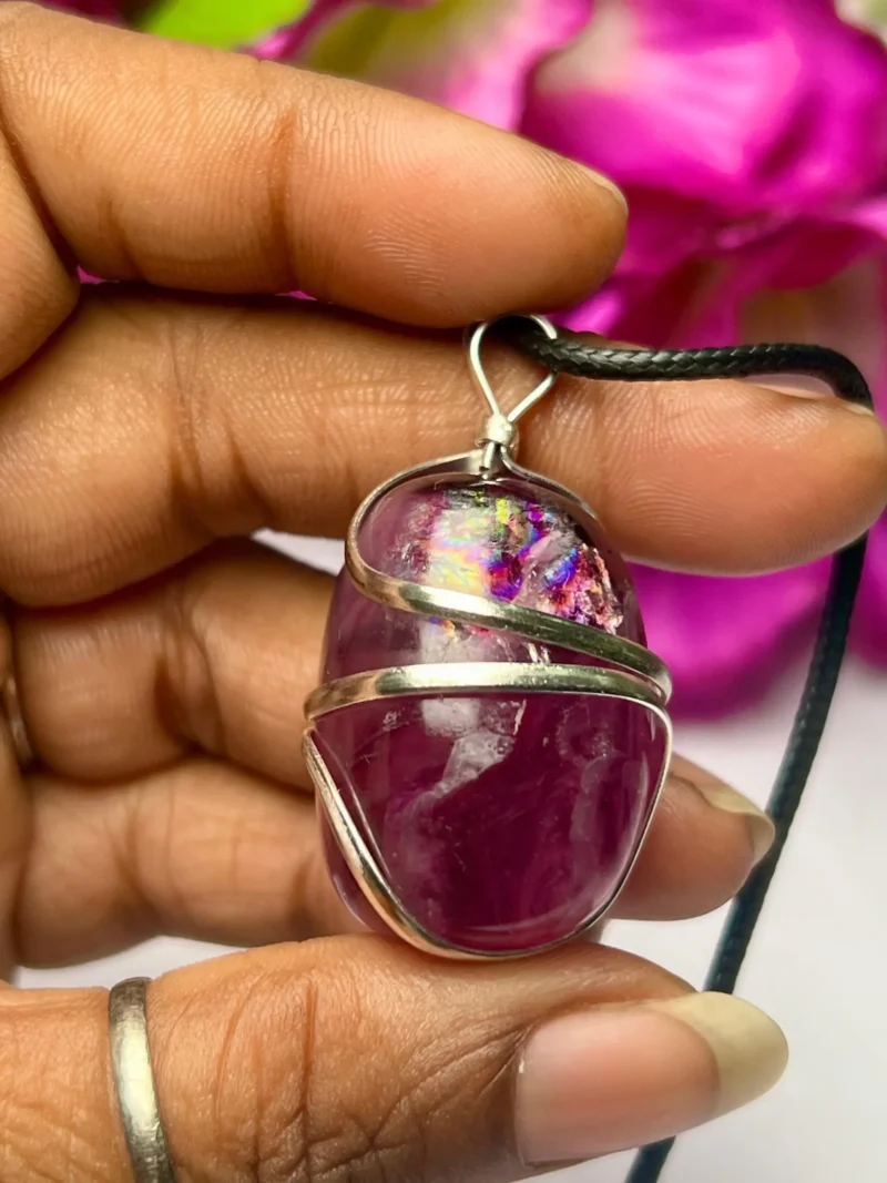 Wire Wrapped Grapes Purple Fluorite Tumbled Stone Pendant Crystal Pendant, Tumbled Stone Necklace - Image 2
