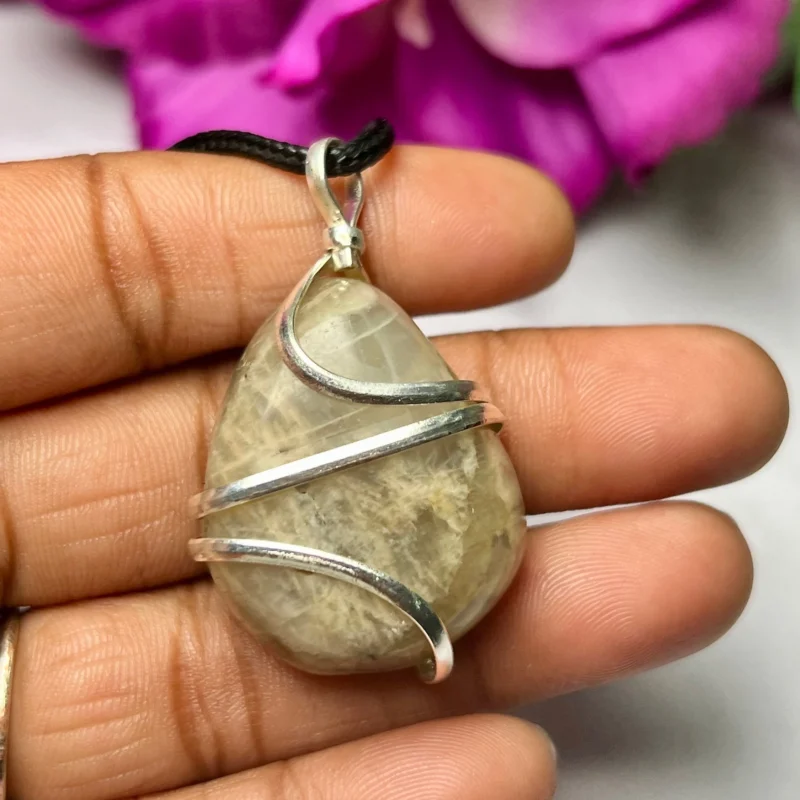 Wire Wrapped Black Moonstone Tumbled Stone Pendant Crystal Pendant, Tumbled Stone Necklace - Image 4