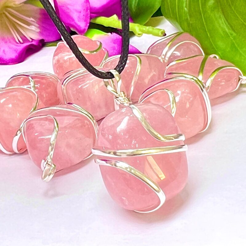 Wire Wrapped Rose Quartz Tumbled Stone Pendant Crystal Pendant, Tumbled Stone Necklace - Image 11