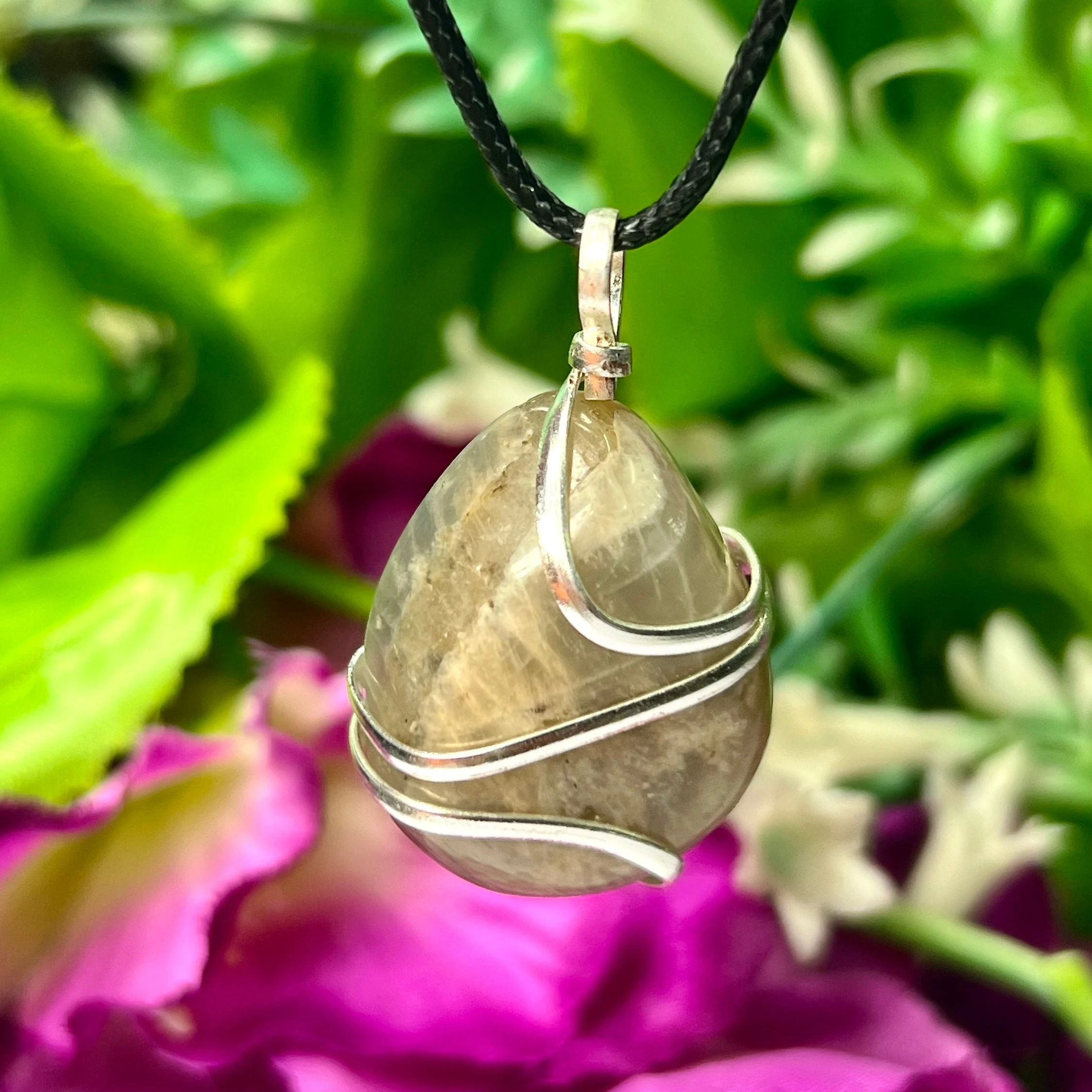 Wire Wrapped Black Moonstone Tumbled Stone Pendant Crystal Pendant, Tumbled Stone Necklace