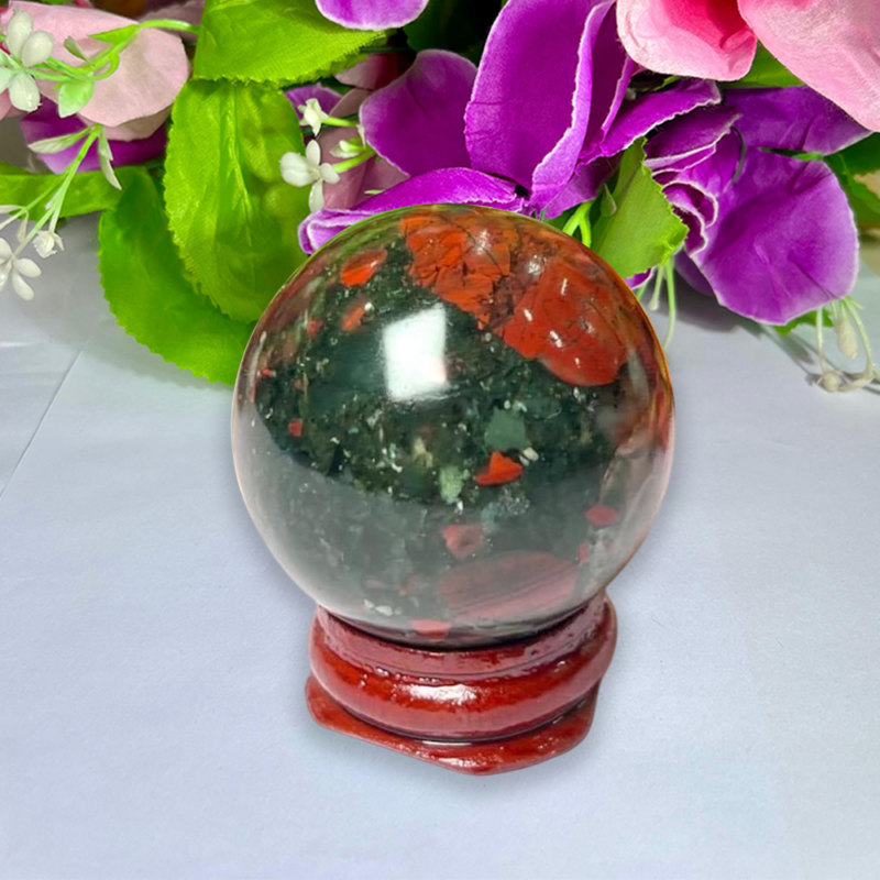 4 CM African Blood Stone Sphere Ball Orb With Wooden Stand