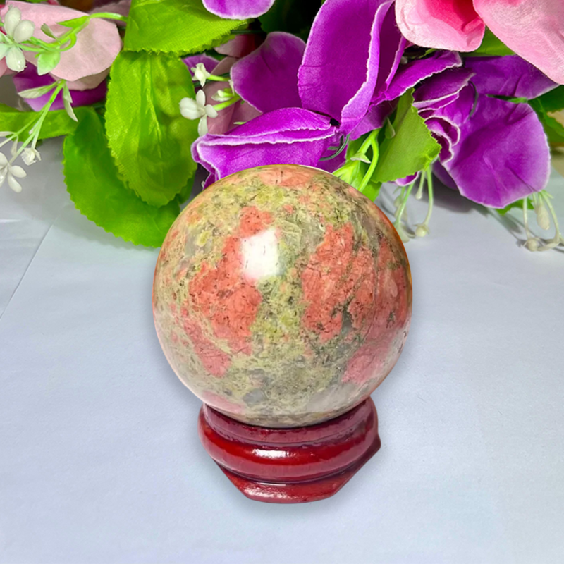 4 CM Unakite Jasper Stone Sphere Ball Orb With Wooden Stand - Image 4