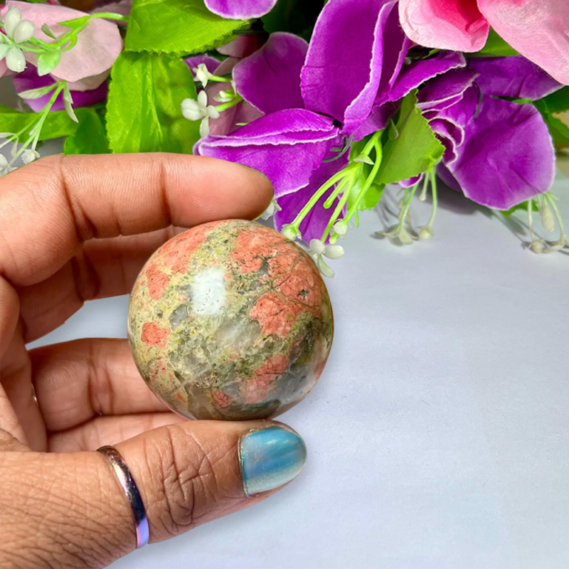 4 CM Unakite Jasper Stone Sphere Ball Orb With Wooden Stand - Image 3