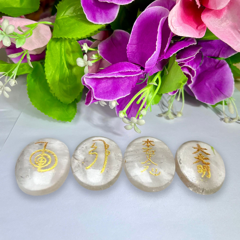 Himalya Crystal Quartz Stone Set Of 4 Usui Reiki Symbol Engraved Oval Shape Stone Cho Ku Rei l Sei Hei Ki l Hon Sha Ze Sho Nen l Dai Ko Myo - Image 3