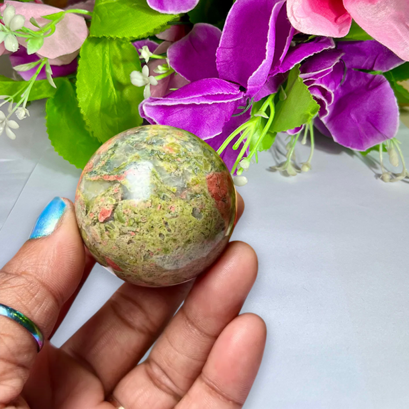 4 CM Unakite Jasper Stone Sphere Ball Orb With Wooden Stand