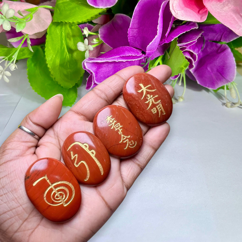 Red Jasper Stone Set Of 4 Usui Reiki Symbol Engraved Oval Shape Stone l Cho Ku Rei l Sei Hei Ki l Hon Sha Ze Sho Nen l Dai Ko Myo - Image 3