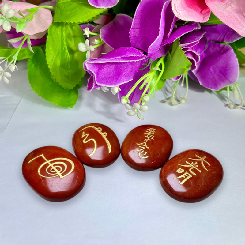 Red Jasper Stone Set Of 4 Usui Reiki Symbol Engraved Oval Shape Stone l Cho Ku Rei l Sei Hei Ki l Hon Sha Ze Sho Nen l Dai Ko Myo