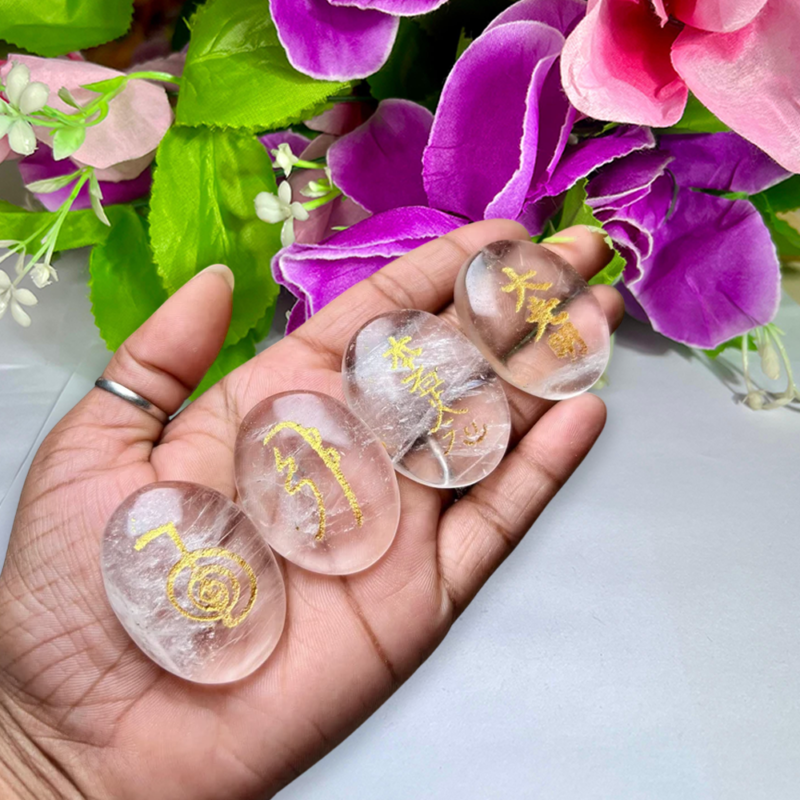 Himalya Crystal Quartz Stone Set Of 4 Usui Reiki Symbol Engraved Oval Shape Stone Cho Ku Rei l Sei Hei Ki l Hon Sha Ze Sho Nen l Dai Ko Myo