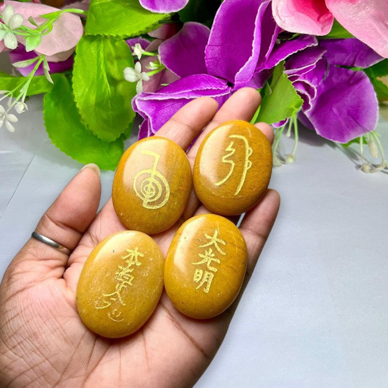 Yellow Aventurine Stone Set Of 4 Usui Reiki Symbol Engraved Oval Shape Stone l Cho Ku Rei l Sei Hei Ki l Hon Sha Ze Sho Nen l Dai Ko Myo - Image 3