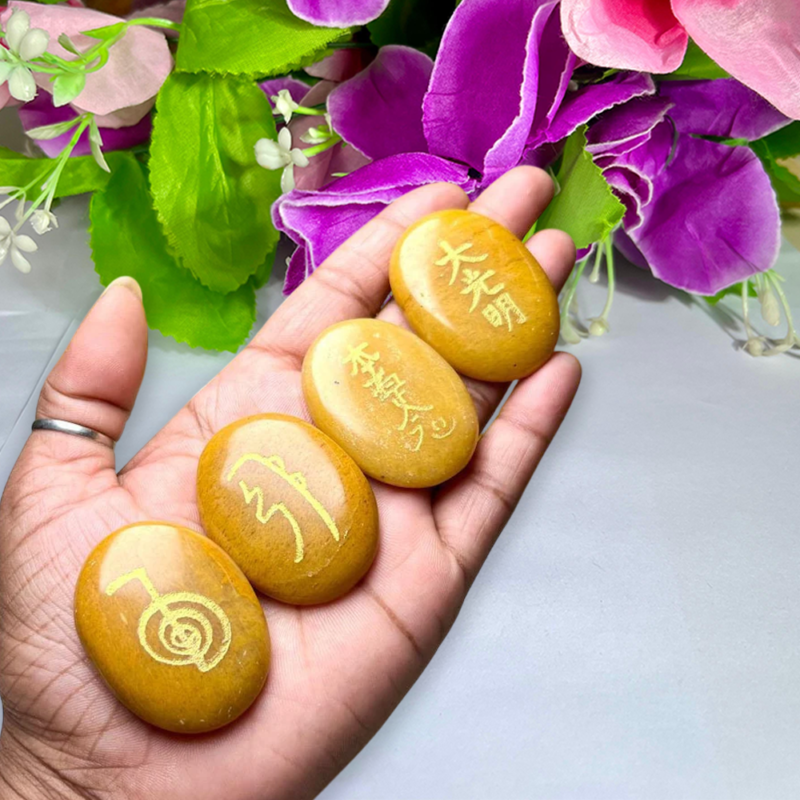 Yellow Aventurine Stone Set Of 4 Usui Reiki Symbol Engraved Oval Shape Stone l Cho Ku Rei l Sei Hei Ki l Hon Sha Ze Sho Nen l Dai Ko Myo