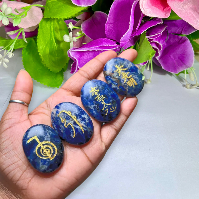Sodalite Stone Set Of 4 Usui Reiki Symbol Engraved Oval Shape Stone l Cho Ku Rei l Sei Hei Ki l Hon Sha Ze Sho Nen l Dai Ko Myo - Image 3