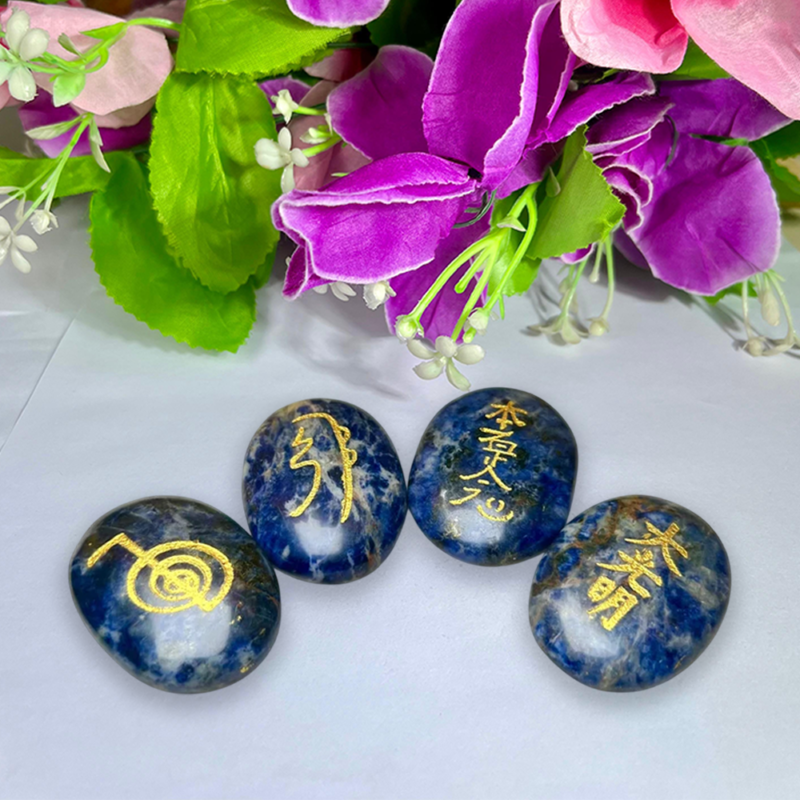 Sodalite Stone Set Of 4 Usui Reiki Symbol Engraved Oval Shape Stone l Cho Ku Rei l Sei Hei Ki l Hon Sha Ze Sho Nen l Dai Ko Myo