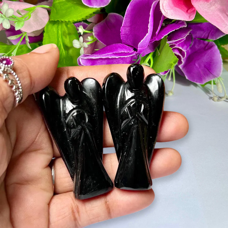 5 CM Black Obsidian Stone ANGEL (1) Piece Free standing guardian Angel crystal Reiki energy blessed hand carved Angelic connection Size 2"